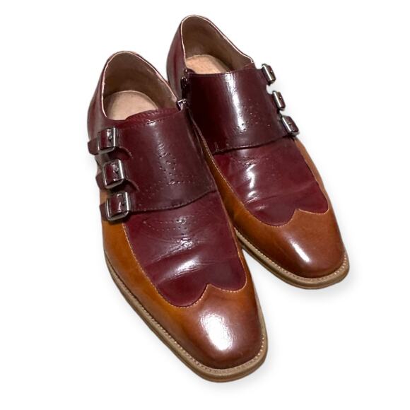 Steven Land Triple Monk Strap Cognac Oxblood Pointed Toe Wingtip Shoes Men's 8.5 - Picture 1 of 13